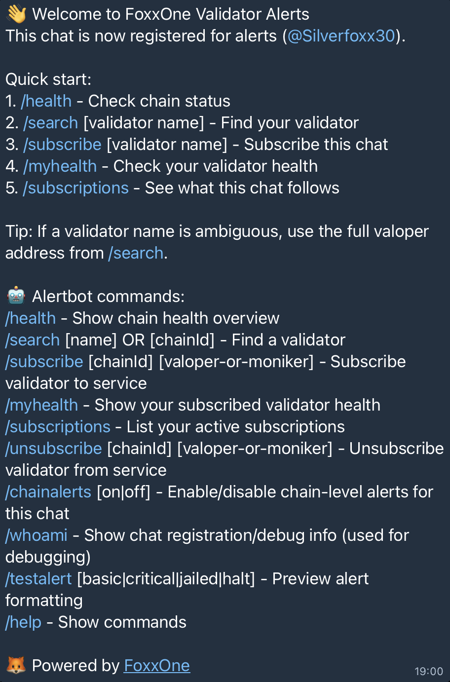Welcome message and quick start command list
